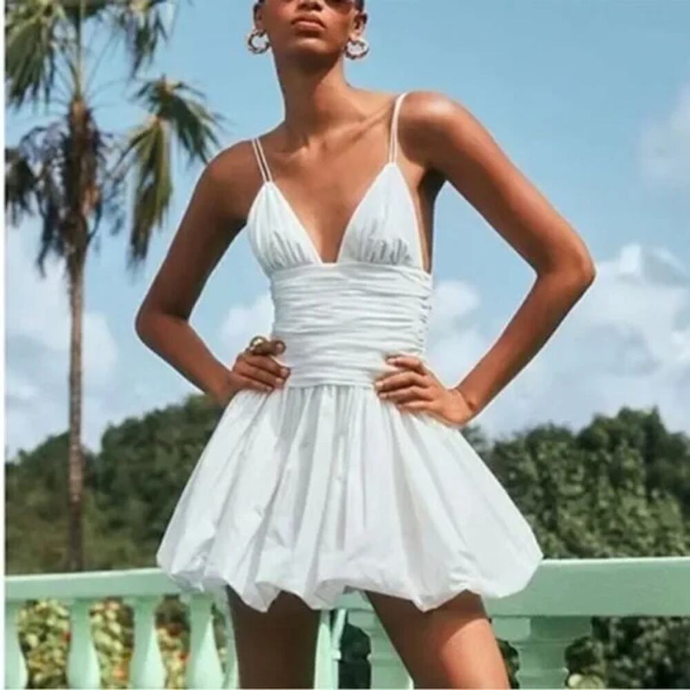STAUD Loren Ruched Taffeta Bubble Hem Mini Dress NWT Size 10 White